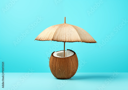 Coconut with umbrella on turquoise background in minimalist landscapes
