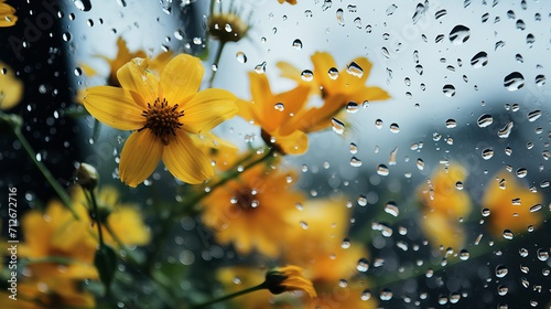 Water drops are present on the view of flowers behind the glass