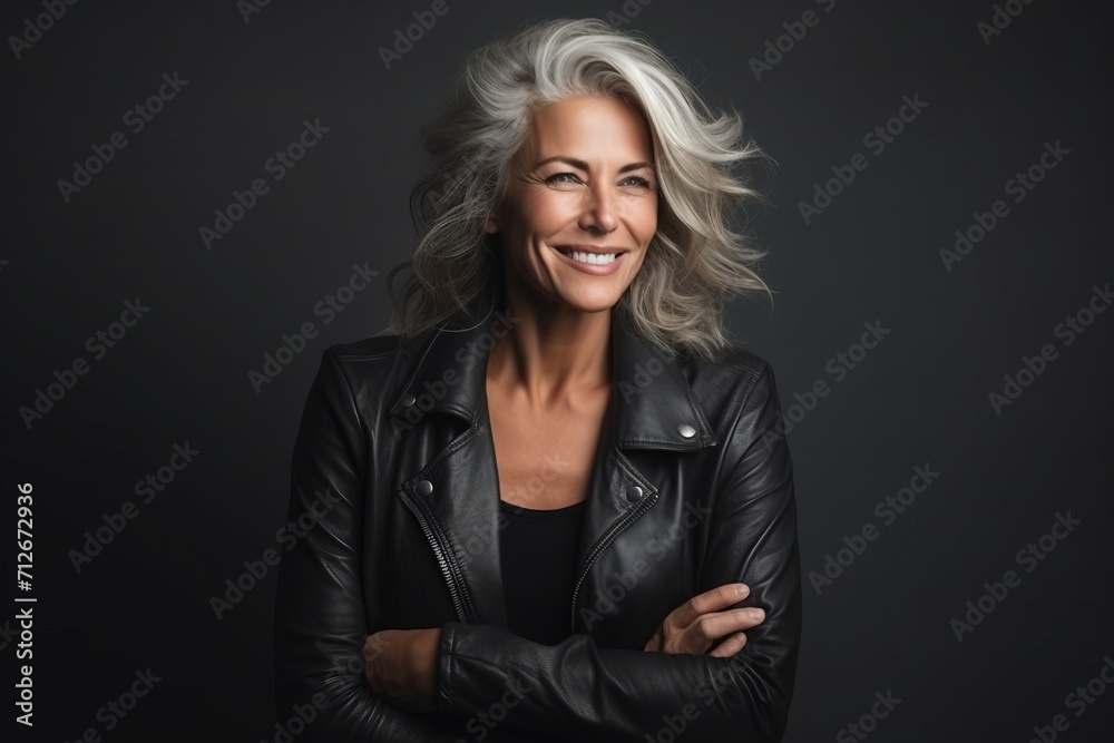 Portrait of a beautiful mature woman in black leather jacket on a dark background Portrait of a beautiful mature woman in black leather jacket on a dark background