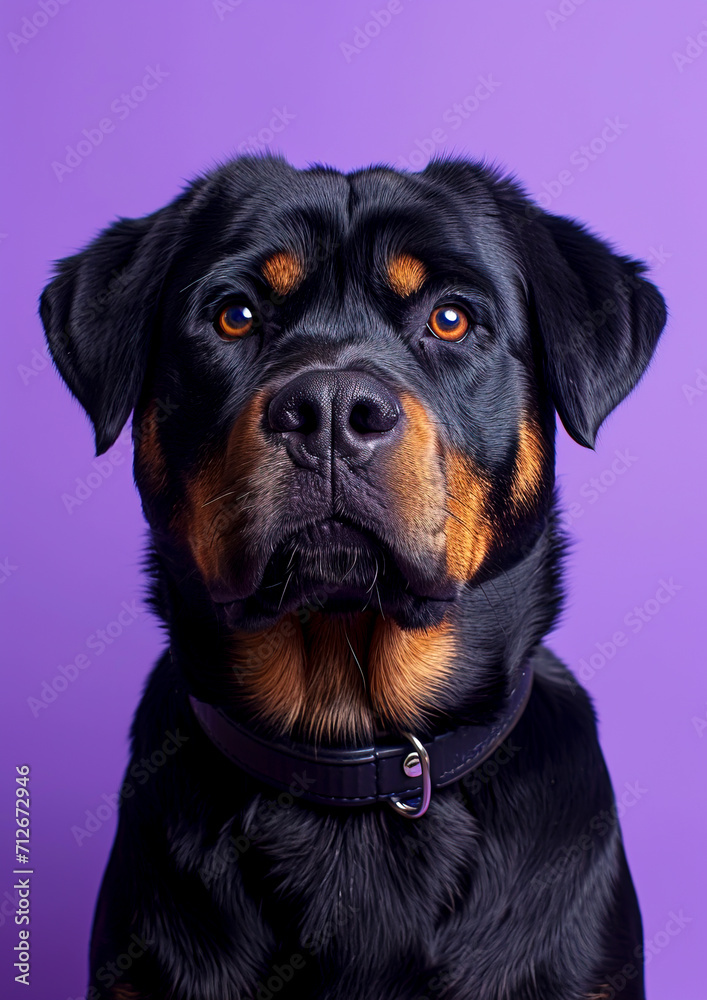 Regal Rottweiler Portrait Against Lavender Backdrop created with Generative AI technology