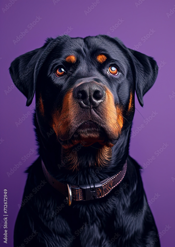Regal Rottweiler Portrait Against Lavender Backdrop created with Generative AI technology