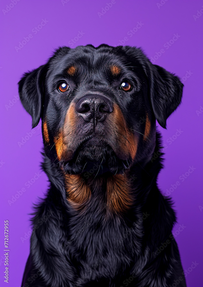 Fototapeta premium Regal Rottweiler Portrait Against Lavender Backdrop created with Generative AI technology