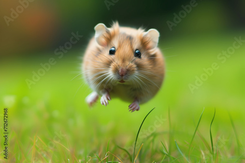 Hamster in the jump. Funny hamster, flying. cute little hamster try move to hand, hamster feeling wonder and excite, hamster on nature background, pet in home. photo