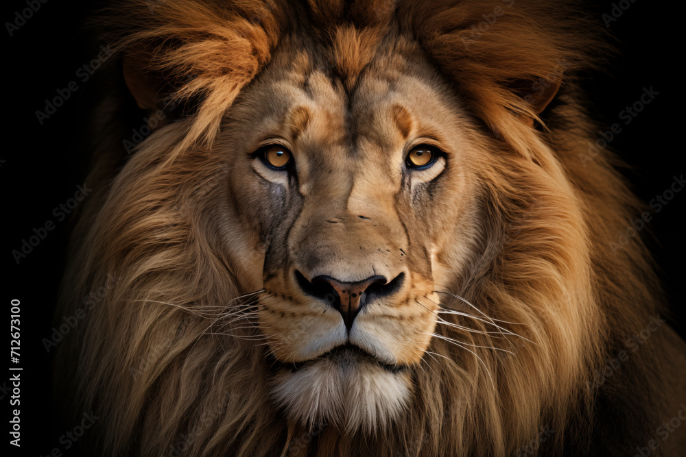Naklejka premium Majestic Lion Portrait on Dark Background