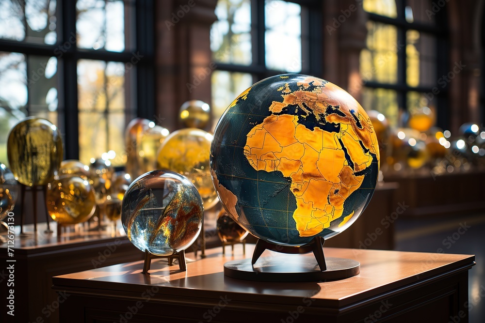 Polished wooden globes and spherical sculptures elegantly displayed in a room with large windows - obrazy, fototapety, plakaty 