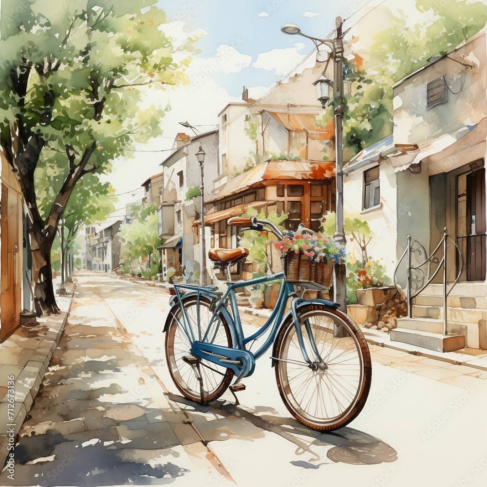 Bicycle ride in watercolor style. AI generate illustration