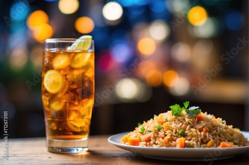 Fried rice with glass of ice tea