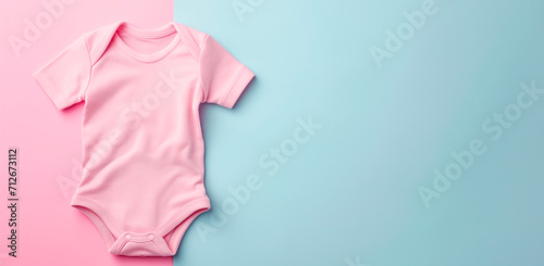 Light pink baby bodysuit on pastel background. Top view, space for text.	
 photo