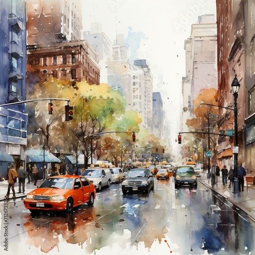 Busy intersection cars and pedestrians, watercolor style. AI generate illustration © PandaStockArt