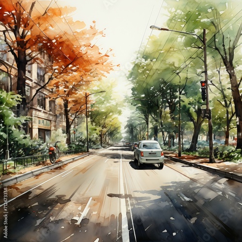 City bike lanes, watercolor style. AI generate illustration