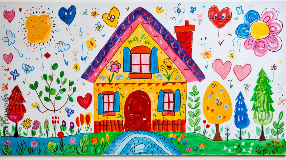 Naklejka premium Child's Drawing of Family in Front of Home created with Generative AI technology