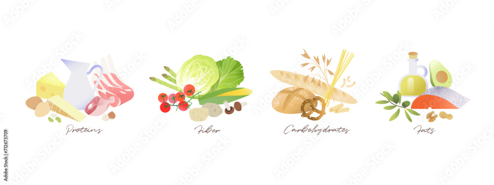 Macronutrients set, healthy balanced diet illustration. Protein, fiber, carbohydrates and good fats