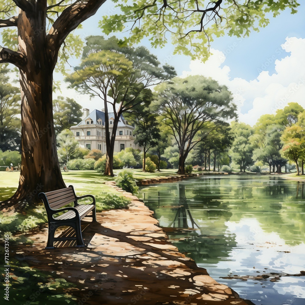 City park in watercolor style. AI generate illustration