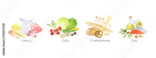 Macronutrients set, healthy balanced diet illustration. Protein, fiber, carbohydrates and good fats
