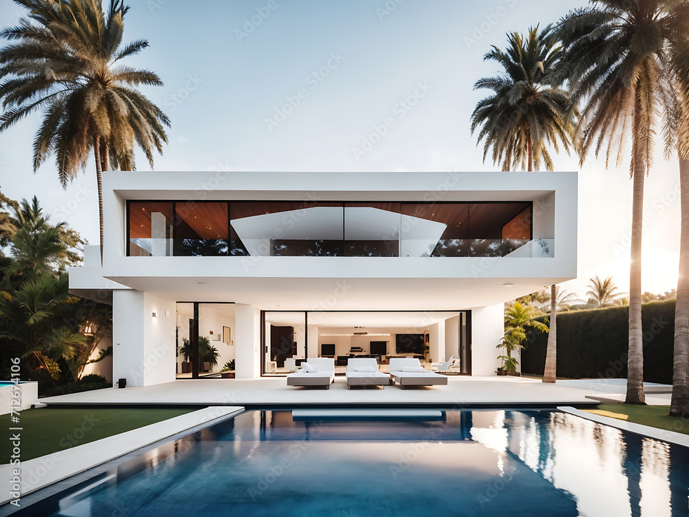Fototapeta premium The exterior of the amazing modern minimalist cubic villa with a large swimming pool among palm trees is designed.
