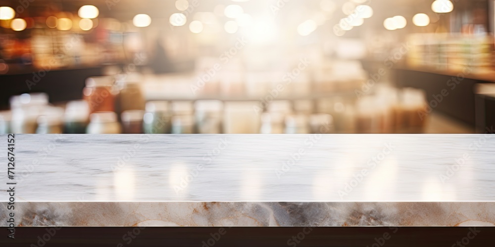 Blurred supermarket background with bokeh light, showcasing a marble table top for products.