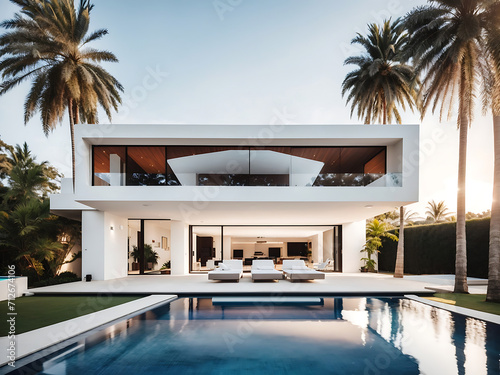 The exterior of the amazing modern minimalist cubic villa with a large swimming pool among palm trees is designed. © Mahmud