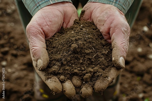 A man holds a handful of fertile soil in his palms. Agriculture, farming. Generative AI