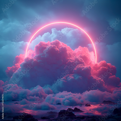 Surreal Neon Halo Over Oceanic Cloudscape created with Generative AI technology