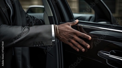 greetings, the hand of a male person on a vehicle handle in a professional transport service, business class or pick-up transport with a composition or scene in a minimalist modern style. © lililia