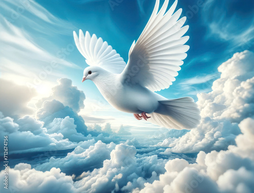 white pigeon in flight against a blue sky with fluffy clouds.
