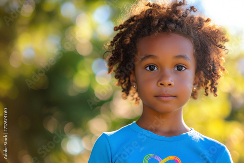 Young afro american girl with an infinity rainbow symbol on her shirt symbolises hope and support for autism awareness photo