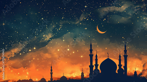 Arabic fairy tales 1001 night. Мosque, islamic holiday banner, for Ramadan,  crescent moon on background
 photo
