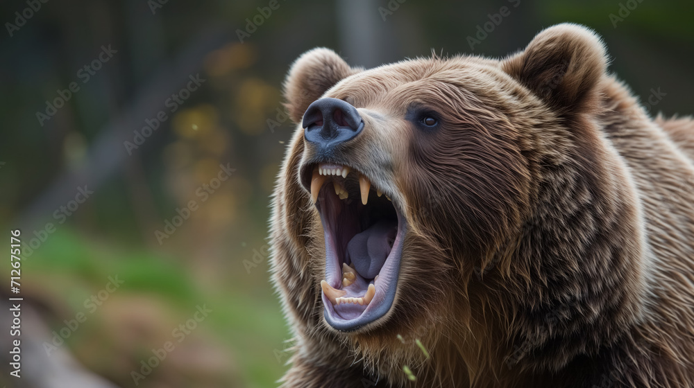 Obraz premium Brown bear roaring in the wild.