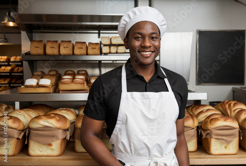 Black male baker in white hat and apron on background of shelves with freshly baked bread and rolls in bakery store. Happy smiling baker sells his products. Copy space. Mock-up. photo