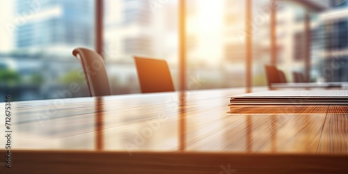 Wooden office table in corporate room with blurred glass interior background for showcasing office products.