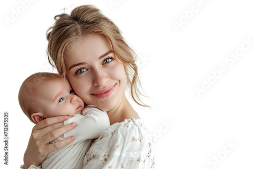 Portrait of mom holding baby with her arms isolated on transparent png background, love moment, newborn sleeping tenderly in arms, cute little infant.