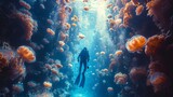 Diver with diving suit, diving in a coral reef with many jellyfish and fish