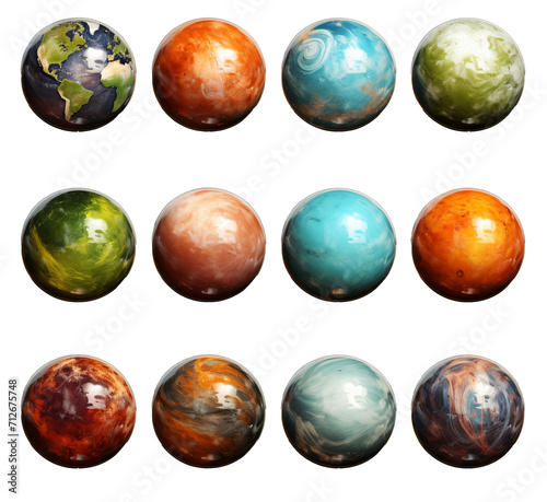 Set of colorful planets, globes isolated on the transparent background PNG.