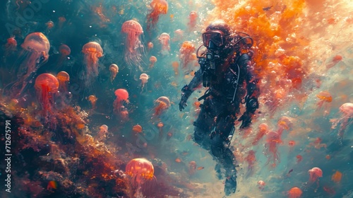 Diver with diving suit, diving in a coral reef with many jellyfish and fish photo