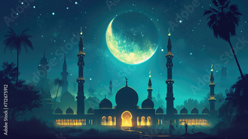 Мosque at night, islamic holiday banner, for Ramadan, arabic fairy tales background
