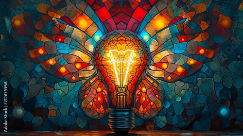 Stained glass window background with colorful Light bulb abstract.	 photo