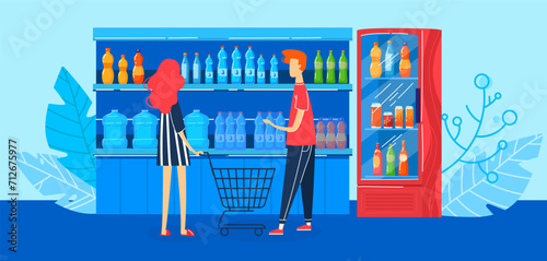Woman with shopping cart and man selecting drinks at grocery store. Supermarket shopping and beverage aisle concept vector illustration.