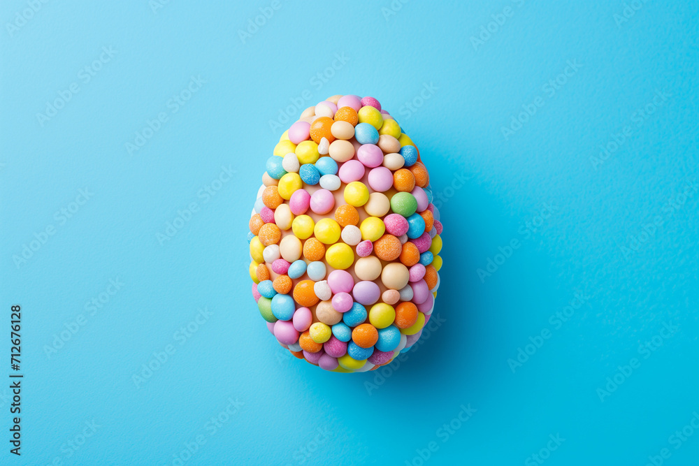 Flat lay of a egg wrapped like candy against a vibrant blue background. Creative Easter sweet concept. Flat lay of a egg wrapped like candy against a vibrant blue background. Creative Easter sweet concept.