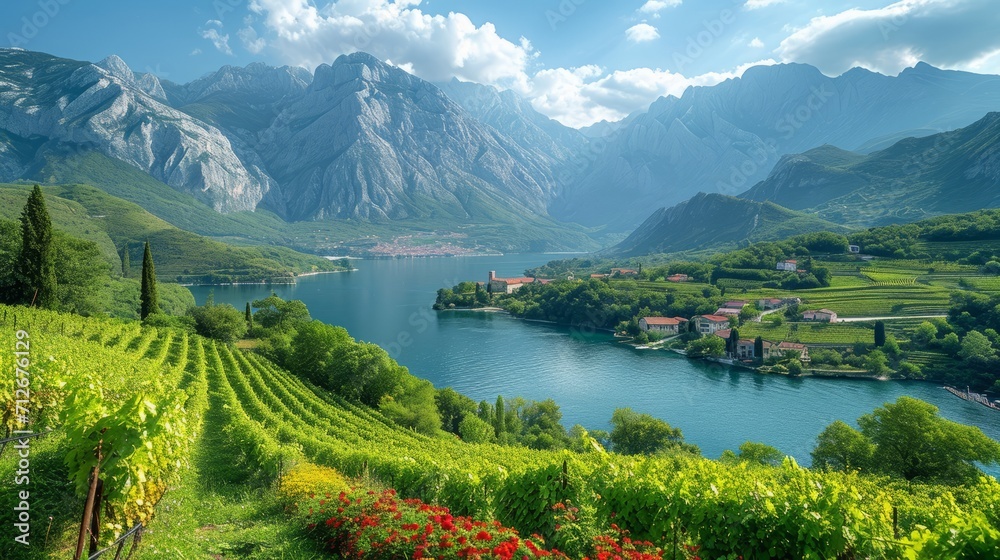 Beautiful landscape with mountains and river in a wine region, sunshine bright summer - obrazy, fototapety, plakaty 