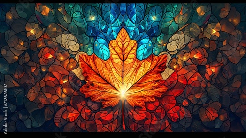 Stained glass window background with colorful Maple Leaf abstract 