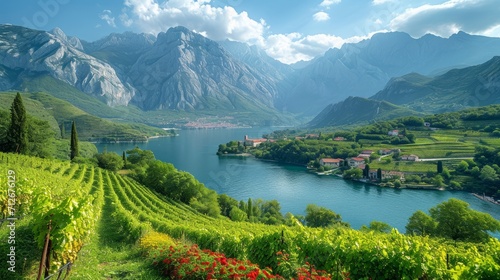 Beautiful landscape with mountains and river in a wine region, sunshine bright summer photo