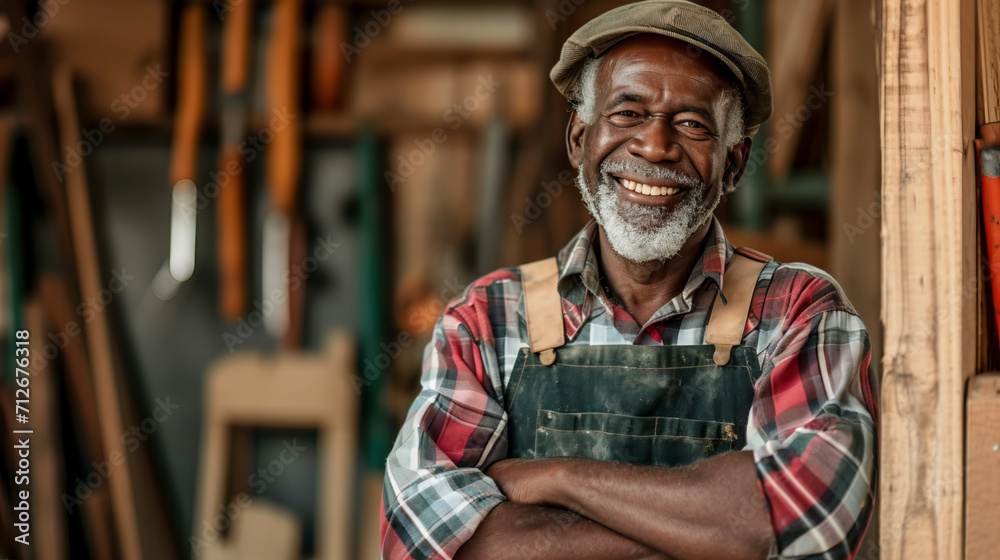 Belt portrait of an older black carpenter smiling at the camera while standing with his arms crossed in a workshop Belt portrait of an older black carpenter smiling at the camera while standing with his arms crossed in a workshop