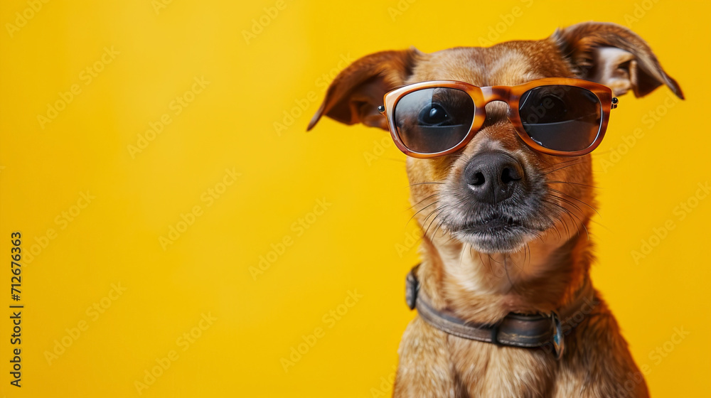 Funny dog in sunglasses on a studio background