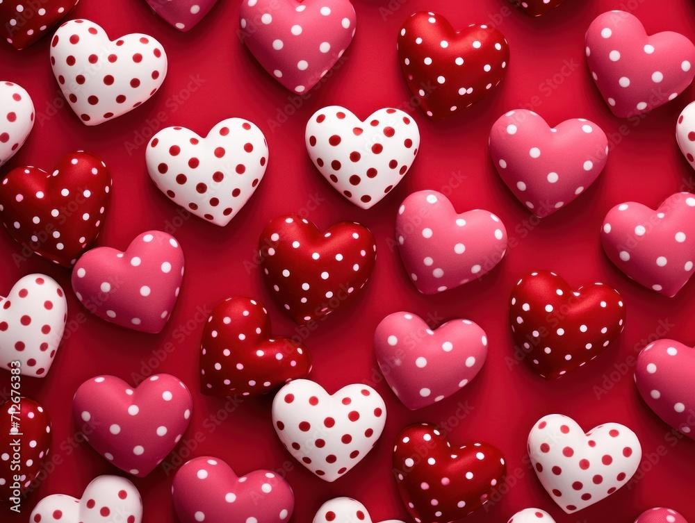 A red background with many white and pink hearts covered in polka dots. The hearts are of varying sizes and are placed at different angles throughout the picture.