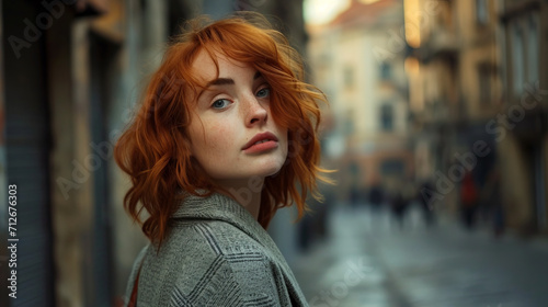 A woman with red hair stands on the street