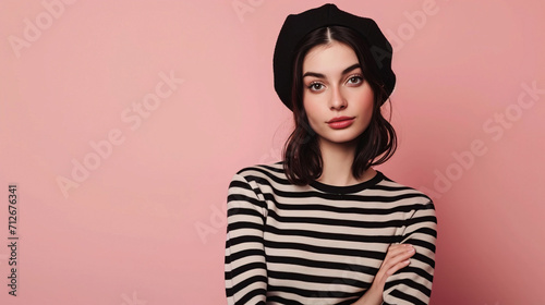 Beautiful brunette in a striped jumper and beret stands and looks at the camera, isolated on a pink background © v.senkiv