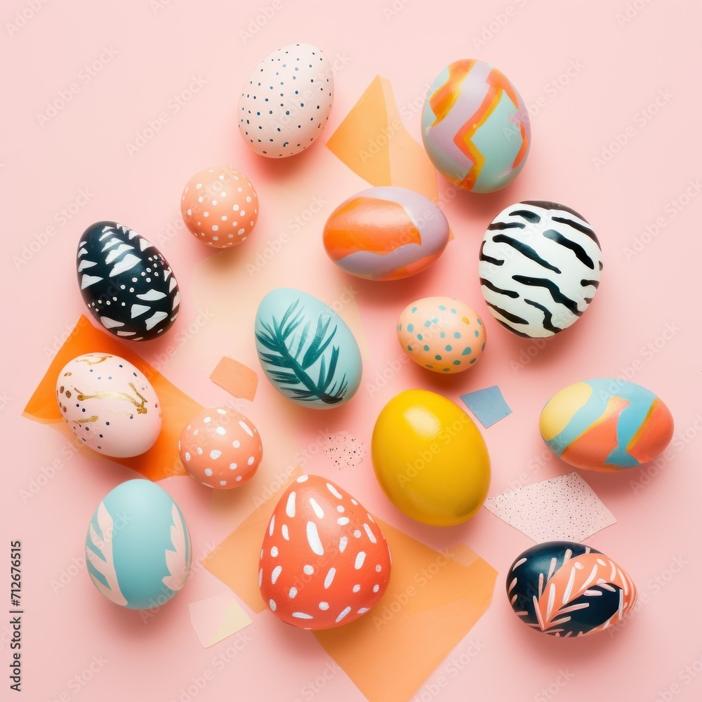 Happy Easter. Greetings card of some colorful painted Easter eggs with different designs, dot and stripes, peach fuzz colors, unique contemporary pattern. Top view