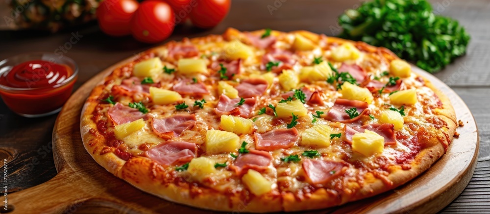 A delicious Hawaiian pizza with ham and pineapple toppings, placed on a wooden board with sliced tomatoes and ketchup.