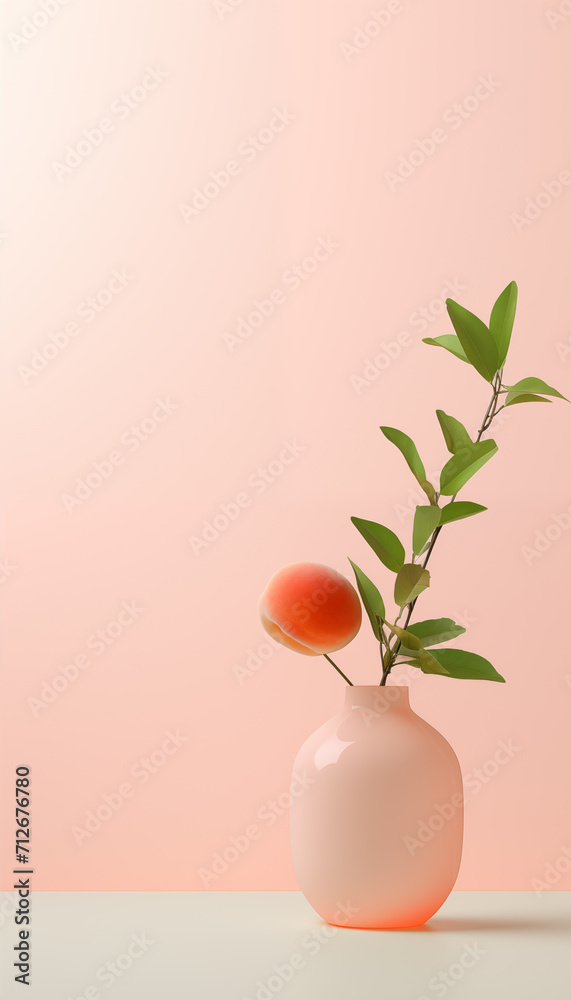 Bottle of peach stems on a table with a minimal pink background.