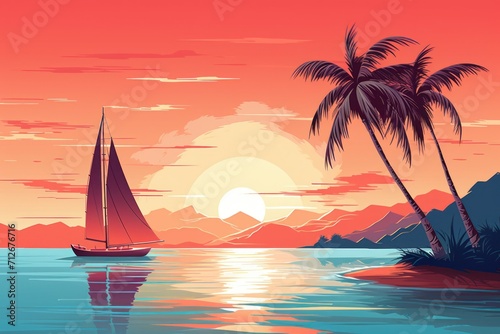 Colorful sunset on the tropical island. Beautiful ocean beach with palms and yacht illustration. Summer traveling and holiday. Palm trees and sea. Nature landscape and seascape